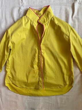 Heidi Houston Chartreuse Button-Up Blouse with Pink Piping